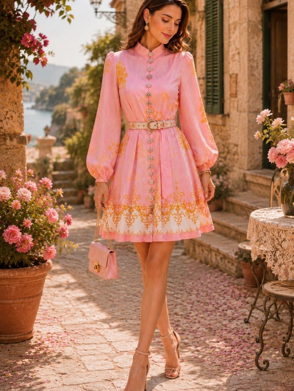 M6 Vidcose Lined Pink Floral Long-Sleeve Fit & Flare Belted  Dress